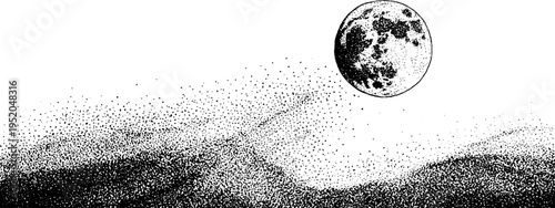 Celestial art: full moon with galactic spiral in stippled black and white design