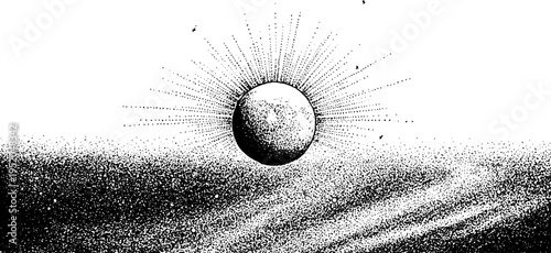Full moon with spiral galaxy background in black and white dotwork for print design