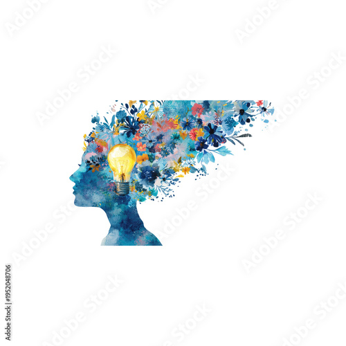 Woman silhouette with glowing light bulb and colorful floral watercolor splash creative thinking imagination inspiration isolated on white background