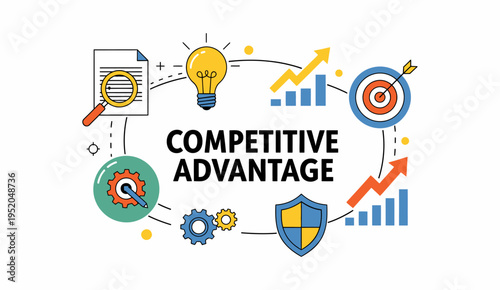 Competitive advantage business concept with flat line icons of target, shield, gears, and lightbulb, vector illustration isolated on white.