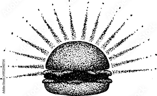 Vintage hamburger design with ornamental rays in black and white dotwork style