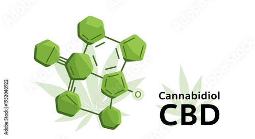 Cannabidiol CBD chemical molecular structure with hemp leaf silhouette, medical cannabis concept illustration isolated on white.
