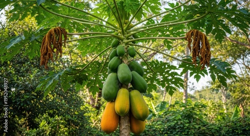 Papaya Tree with Ripening Fruit in Lush Tropical Setting.
