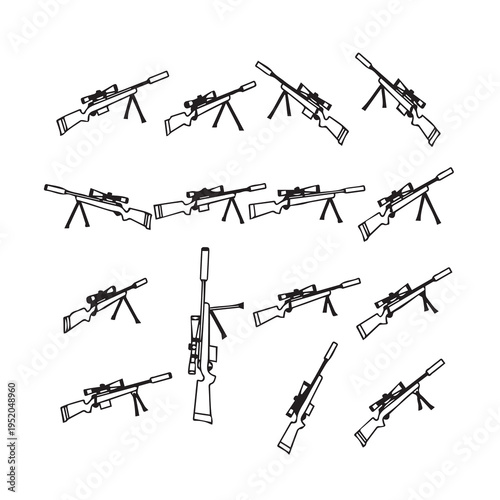 Sniper Rifles with Scopes and Bipods Arranged in a Circular Pattern Black and White Line Art