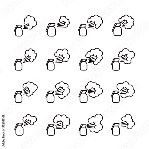 Spray Can Icons Set: Aerosol dispensing mist puff and spray clouds in line art style