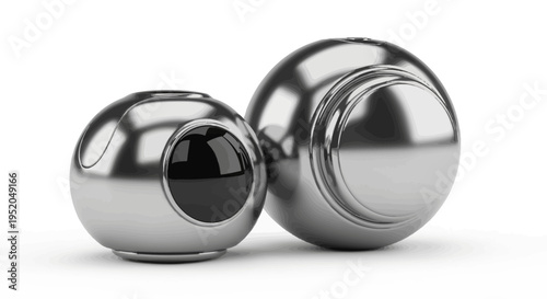 Gleaming metallic spheres with intricate reflections, showcasing modern abstract design and precision engineering against a pristine white backdrop