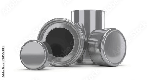 Group of metallic cylindrical containers with lids on white background