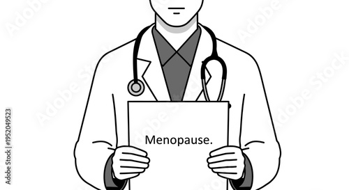 Illustrated Male Doctor with Stethoscope Holding a "Menopause." Sign.