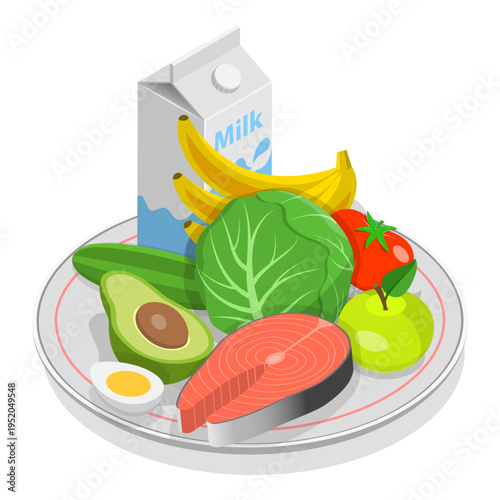 3D Isometric Flat Vector Set of Vegetarian Food Plates, Organic Grocery Products. Item 2