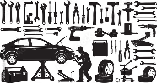 Mechanic working on car with various tools and equipment silhouettes