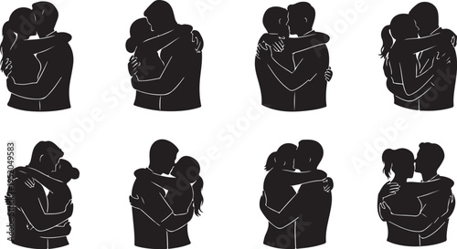 Silhouettes of people hugging in various poses and outfits together