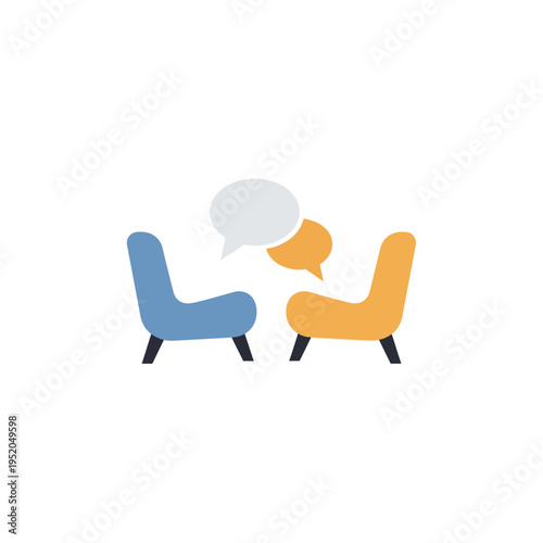 Minimalist flat design icon depicting a dialogue or conversation between two individuals, symbolizing a meeting, interview, counseling, or therapy session