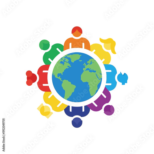Colorful flat design illustration of diverse people from around the world united in a global community, symbolizing cultural inclusion, teamwork, and social connection for a harmonious future