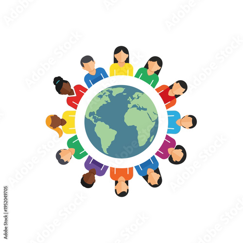 Diverse people united around the globe, symbolizing global unity, community, and international cooperation in a colorful, flat design illustration