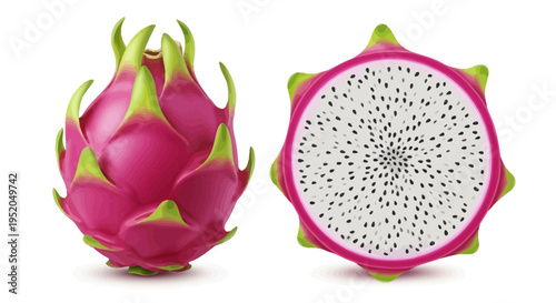 Dragon fruit on white background fresh and exotic tropical fruit cut in half with seeds