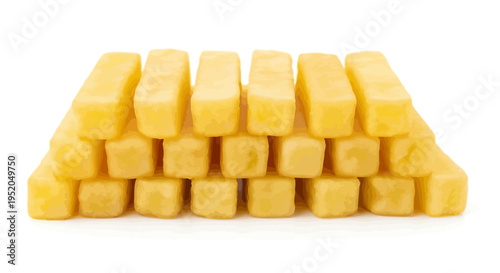 Fresh yellow corn on the cob isolated on white background with cheese and sweet cubes