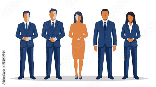 Confident corporate team of five professionals standing together in formal attire vector illustration with a modern style
