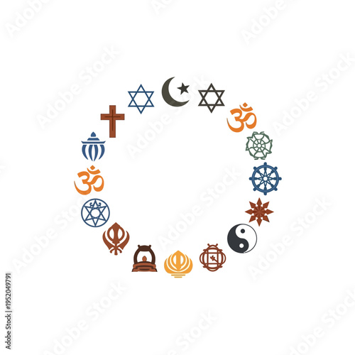 A vibrant flat color illustration showcasing diverse world religious symbols in a harmonious circle, embodying interfaith unity, diversity, and global peace