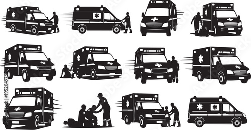 Ambulance Vehicles and Medical Emergency Response Team Silhouettes