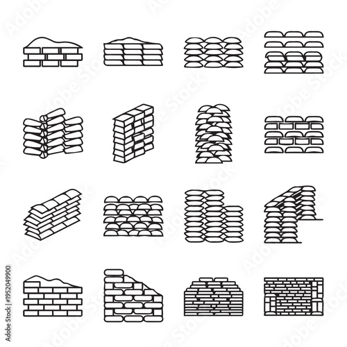 Sandbag Wall Construction Set Icons Building Materials Fortification Symbols