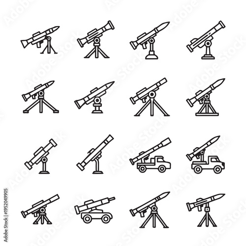 Rocket Launcher Icons Set: Military Weapons Collection Vector Line Art