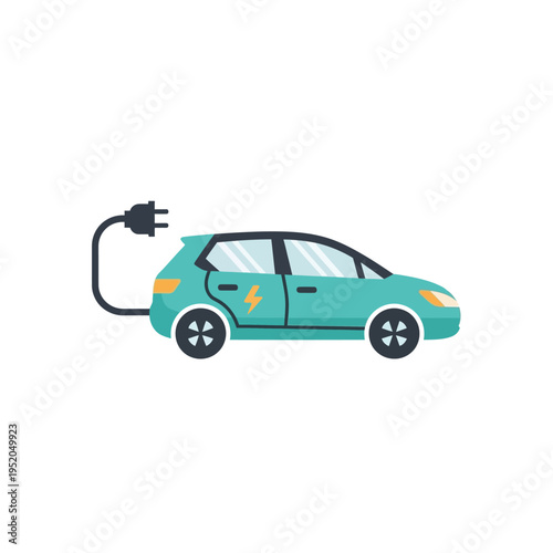 Flat design illustration of a teal electric car plugged into a charger, symbolizing sustainable energy and future transportation