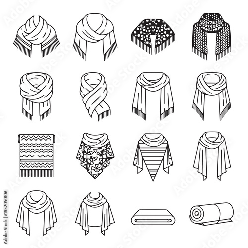 Scarf Collection Flat Icons Set Different Styles and Patterns Vector Illustration