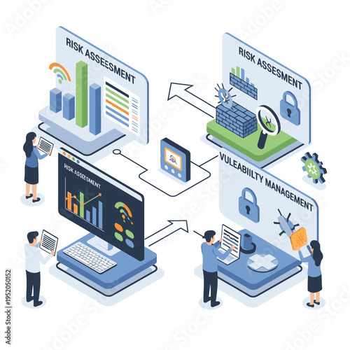 Cybersecurity risk assessment and vulnerability management process illustrated with isometric diagrams and people interacting with data.