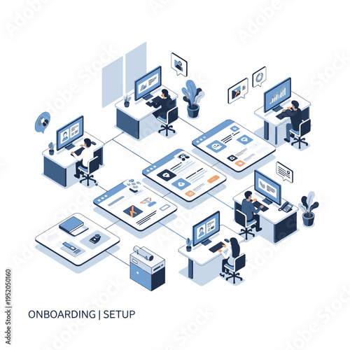 Isometric illustration depicting the onboarding and setup process for new employees in a modern office environment, showcasing workstations and digital interfaces.