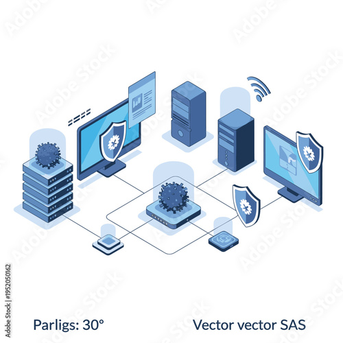 Isometric illustration of a secure network infrastructure with servers, computers, and security shields, representing data protection and cybersecurity.