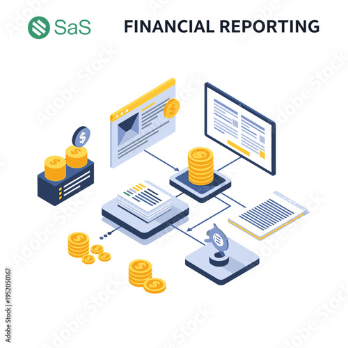 Isometric illustration of financial reporting processes, including data visualization, document analysis, and monetary transactions.
