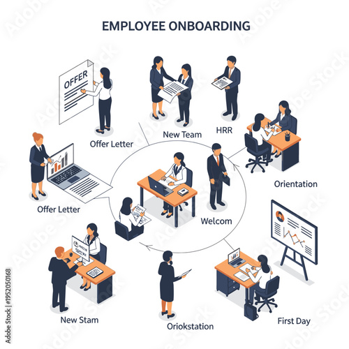 Visualizing the comprehensive employee onboarding process, from offer letter to first day and integration into the new team.