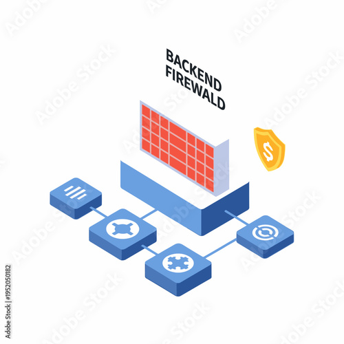 Illustration of a backend firewall protecting a network with connected devices and a security shield.