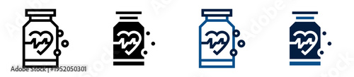 Iconos de salud y medicina. Frasco de pastillas con símbolo de corazón. Tratamiento farmacéutico y bienestar físico. Ilustración vectorial