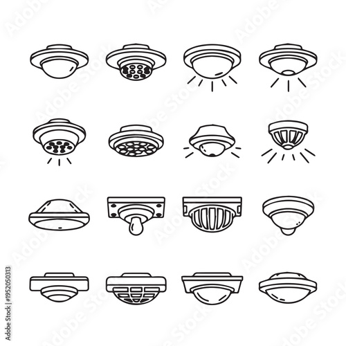 Security Cameras Icons Set Surveillance Devices Collection Dome and Bullet Camera Line Art