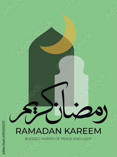 Ramadan kareem greeting card banner with green backgound and arch crescent