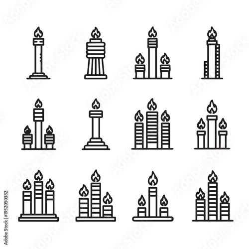 Set of 12 Candle Icons Various Styles Black Outline White Background