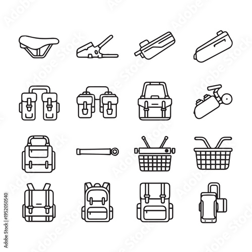 Set of Bicycle Accessories IconsPanniers Saddle Bags Baskets Pump Seat