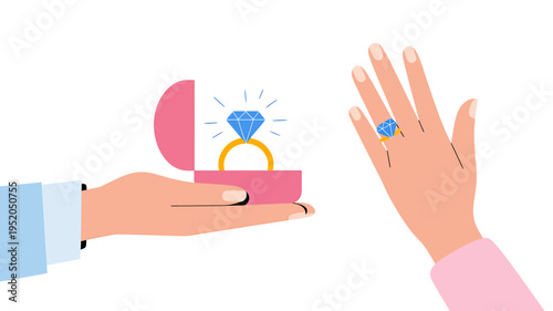 Two hands with diamond ring in box and on finger proposal gesture