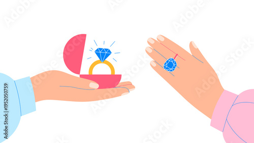 Person holding pink jewelry box with diamond ring in left hand and right hand with ring on finger