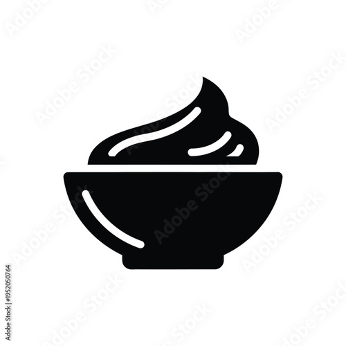 Black bowl of fresh dairy cream swirl icon flat vector illustration isolated on white background depicting organic yogurt or sour cream food product in ceramic dishware for kitchen design projects