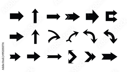 Black arrow icons variety of directions and styles simple vector symbols for navigation direction and pointers on white background