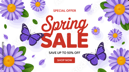 Spring sale special offer purple flowers and butterflies on white background