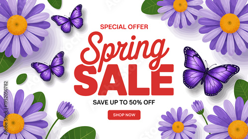 Spring sale advertisement with purple flowers and butterflies on white background