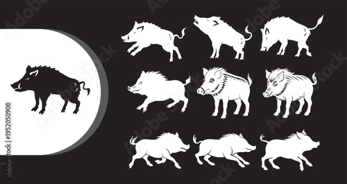A collection of boar silhouettes in various poses on a black background