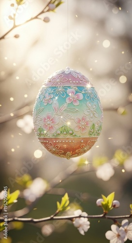 Pastel Easter Egg Floating Among Blossoming Branches in Spring.