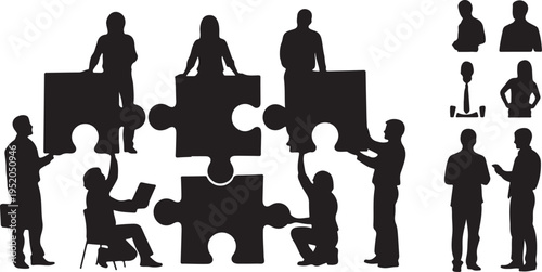 Business team working together with puzzle pieces in silhouette