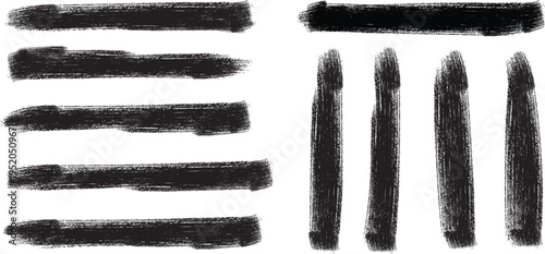 Thick black ink brush strokes collection with long horizontal smears and vertical paint marks featuring realistic grunge textures for banners backgrounds and decorative design elements on transparent