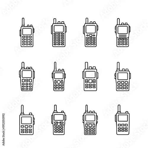 Set of twelve different walkie-talkie icons communication devices line art
