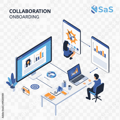Illustration of people collaborating and onboarding remotely using digital devices and data visualization tools.
